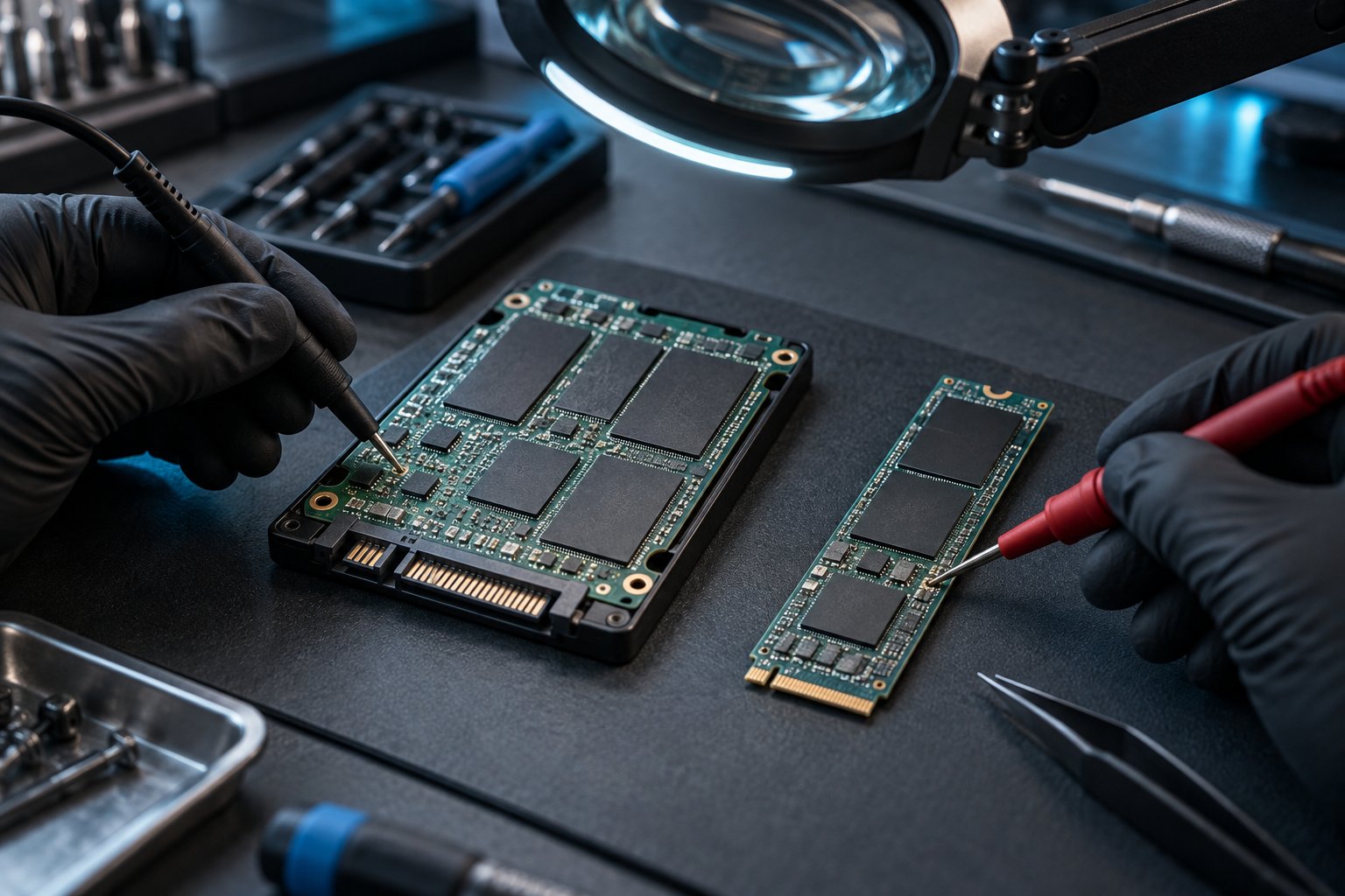 Ilustración conceptual de diagnóstico electrónico de SSD SATA y PCIe NVMe